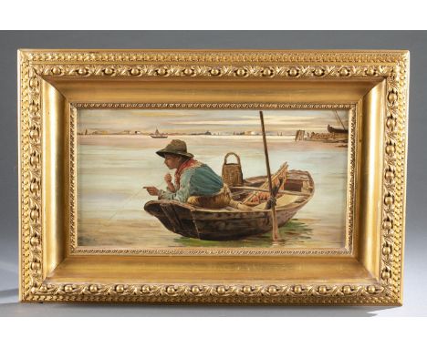 American School. Portrait of a young boy fishing near a harbor. Late 19th century. Oil on canvas. Illegibly signed l.l. 8 1/2