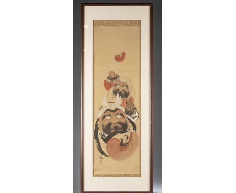 Large Japanese scroll painting of Daruma. Ink and watercolor on silk. Signed and sealed l.l. Sight: 48" x 14 3/4". Frame: 59 