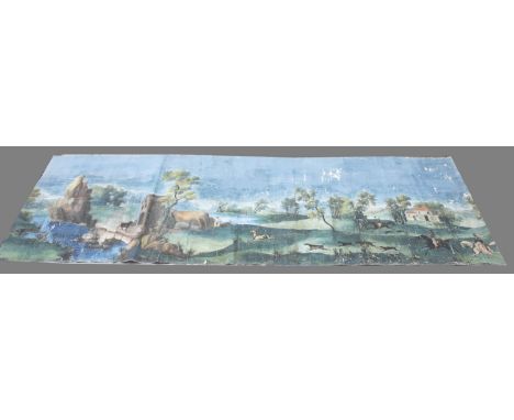 A French wallpaper panel. 19th century. Hunting scene depicting stag, dogs, and hunters on horseback. Stream in foreground an