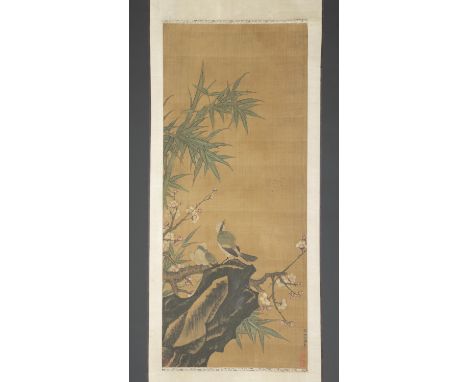 A Chinese scroll painting depicting two birds on a flowering branch. Ink and watercolor on silk. Signed and sealed l.r. Seale