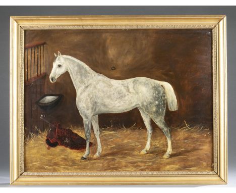 American School. Portrait of a dappled grey horse. 20th century. Oil on board. Monogrammed JC on blanket. 18" x 24". Frame: 2
