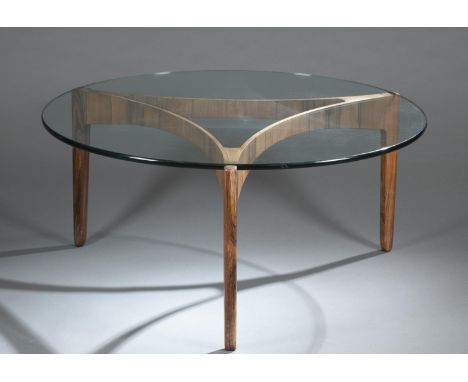 An attributed Sven EllekÃ¦r (Danish, 1926-1984) for Linneberg Mobelfabrik coffee table. Circa 1960s. Circular glass table top