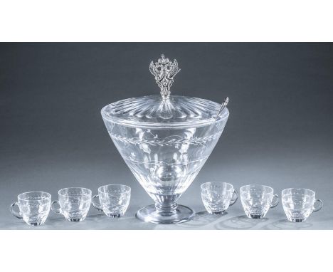 A Faberge "Luxembourg" crystal punch bowl, six cups, and ladle. Late 20th/21st century. Cut band of laurel and etched ring of