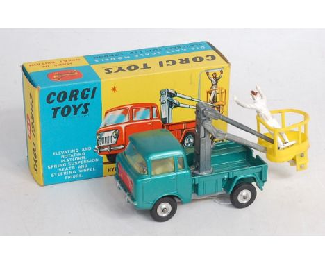 A Corgi Toys No.478 hydraulic tower wagon, comprising metallic green body with red front and spun hubs, with traffic light at