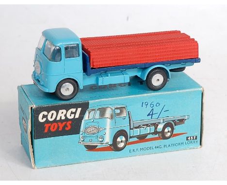 A Corgi Toys No. 457 ERF Model 44G platform lorry, comprising light blue cab and chassis with blue back and red brick load, i