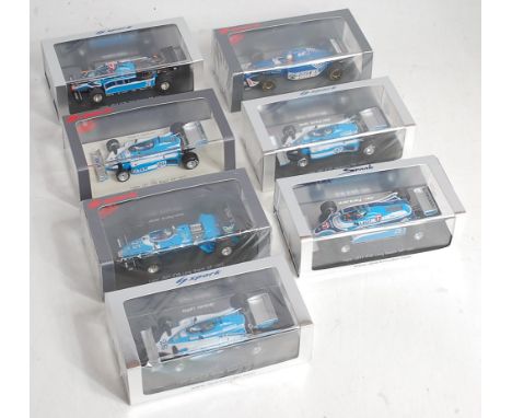 Seven various plastic cased Spark Models 1/43 scale Ligier F1 racing models to include Ref. Nos. S3977, S3976, S1795, S1664, 