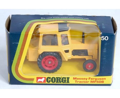 A Corgi Toys No. 50 Massey Ferguson MF50B tractor comprising yellow body with red hubs and driver figure, in the original win