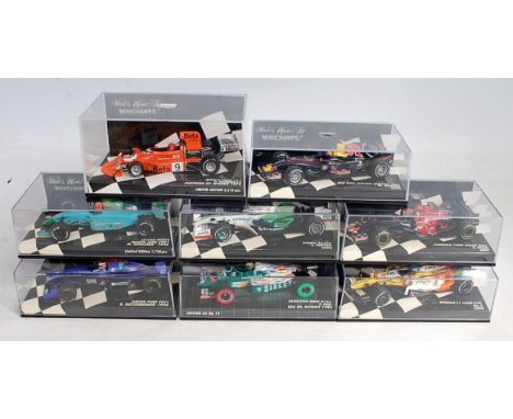 Eight various boxed Minichamps Paul's Model Art 1/43 scale F1 racing diecasts, mixed F1 racing teams to include Honda, Toro R