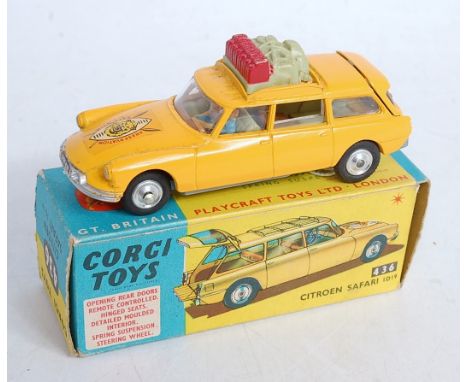 Corgi Toys, 463 Citroen Safari ID19, yellow body with brown and green interior, spun hubs, with yellow and blue all card box 