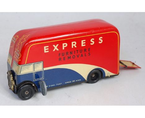 A Chad Valley tinplate and clockwork Express Removals furniture van, complete with original key, in the original all-card box