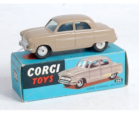 A Corgi Toys No. 200 Ford Consul saloon, comprising tan body with spun hubs and silver detailed grille, with windows, in the 