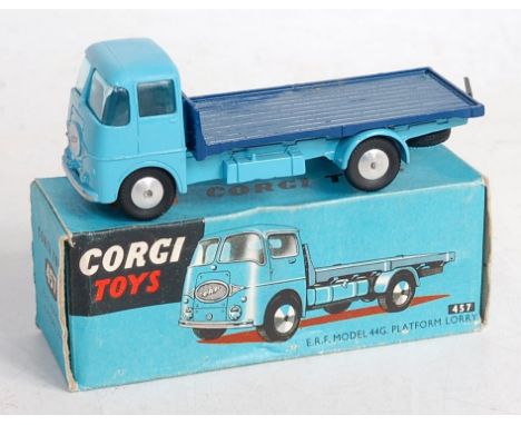 A Corgi Toys No. 457 ERF model 44G platform lorry comprising light blue cab and chassis with dark blue back and spun hubs, in