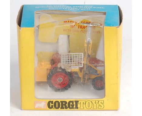A Corgi Toys No.73 Massey Ferguson 165 tractor and saw attachment, in original blue and yellow window box (box window split, 