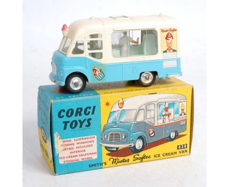 A Corgi Toys No.428 Mister Softee ice cream delivery van, comprising cream and light blue body with spun hubs and Mister Soft