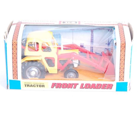 Britains, cat. No.9572 Massey Ferguson tractor with front loader, yellow, red scoop, early construction site box