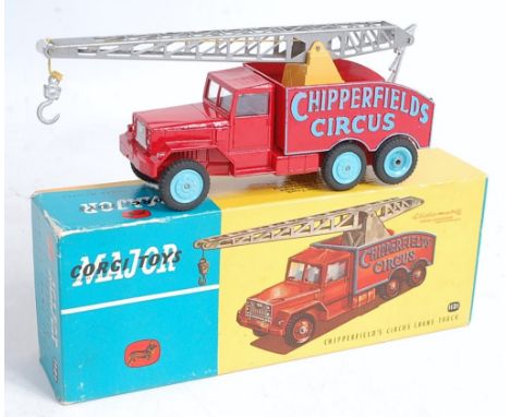 Corgi toys, 1121 Chipperfields circus crane truck, red body with light blue logo and wheels, operable chrome jib with hook, i