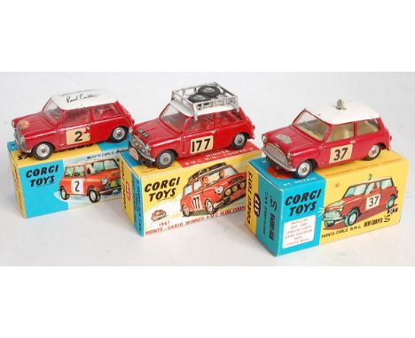 Three reproduction boxed Corgi Toy racing mini diecasts, all with some minor play wear and possible signs of over painting, t