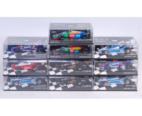 Ten various plastic cased Minichamps 1/43 scale F1 racing diecasts, mixed examples to include mixed racing teams, to include 