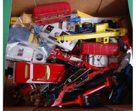 A box containing a collection of loose Corgi Toys, to include TV related examples, Batmobile with Batboat, James Bond helicop