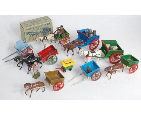 Britains No 40F farm cart and horse, green cast, brown horse, some wear (FG-BG) plus another unboxed brown cart and horse, a 