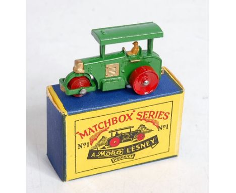 A Matchbox 1-75 series No.1 diesel road roller, comprising green body with gold trim and red metal wheels, in the original ty