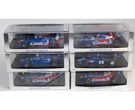 Six plastic cased Spark Models 1/43 scale Tyrrell F1 models to include Ref. Nos. S1883, S1735, S1644, S1734, S1885, S1884, an