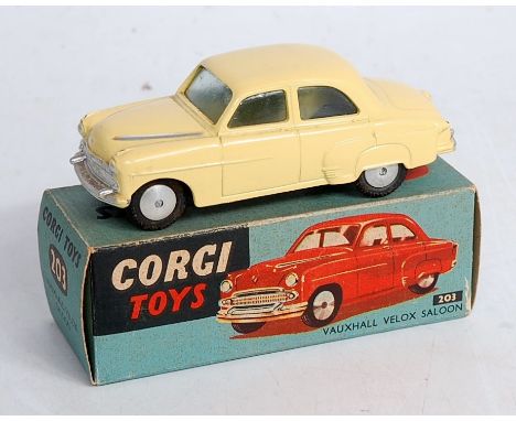 A Corgi Toys No.203 Vauxhall Velox saloon, comprising yellow body with spun hubs and silver detailed bonnet, in original blue