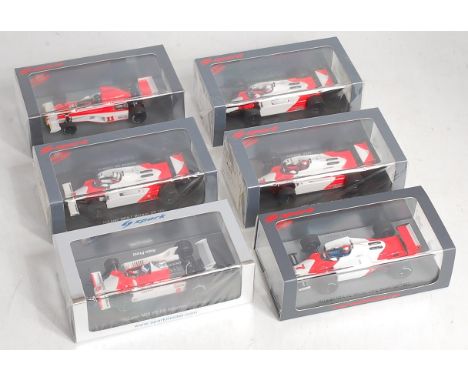 Six various Spark 1/43 scale resin Maclaren F1 racing cars to include Ref. Nos. S4841, S4302, S4303, S4301, S4360, and S3098,