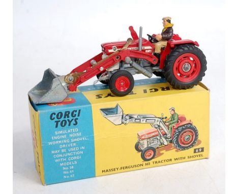 A Corgi Toys No.69 Massey Ferguson 165 tractor with shovel, comprising red body with grey engine and red plastic hubs, in ori