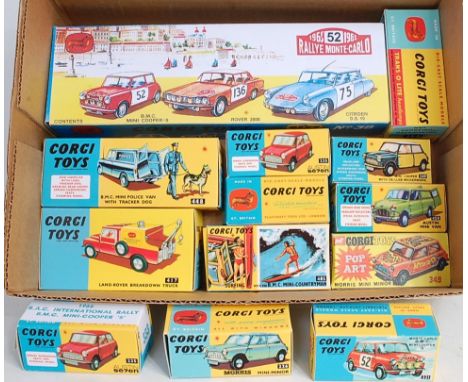 Nine various reproduction boxed playworn and repainted Corgi Toys diecast vehicles to include No. 226 Morris Mini Minor, No. 