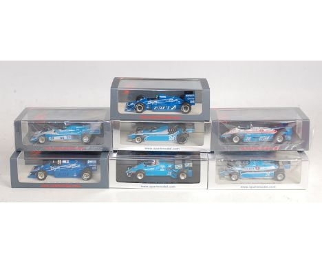 Seven various plastic cased Spark Models 1.43 scale Ligier F1 racing models to include Ref. Nos. S3975, S4817, S3973, S4816, 