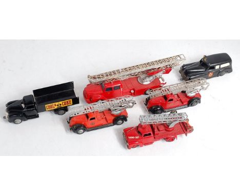 A Tekno 445 fire engine with turntable ladder together with three others, a Tekno coal lorry and taxi, all loose (6)