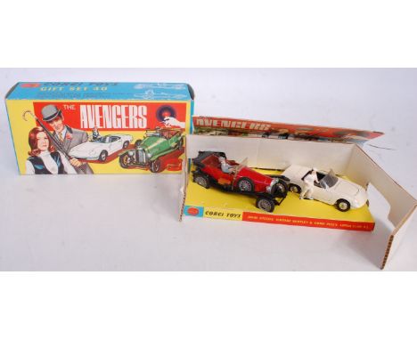 A Corgi Toys gift set No. 40 The Avengers, comprising of red vintage Bentley and a white Lotus Elan S2, sold with the two Ave