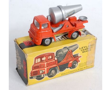 A Budgie Models No.310 Leyland LAD cement mixer, comprising orange body with silver barrel and hubs, with rear discharge funn