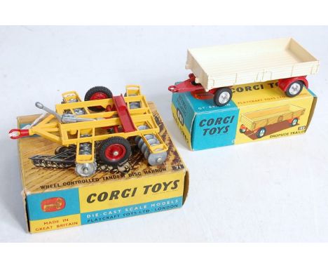 A Corgi Toys boxed farming implement group, to include; No.71 wheel controlled disc harrow, and a No.100 dropside trailer (bo