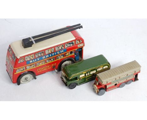Wells Brimtoy tinplate transport bus with clockwork action and two other smaller Wells Brimtoy buses (3)