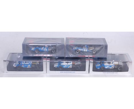 Five various plastic cased Spark Models 1/43 scale Matra F1 resin models to include Ref. Nos. S1606, S1602, S1593, S4356, and