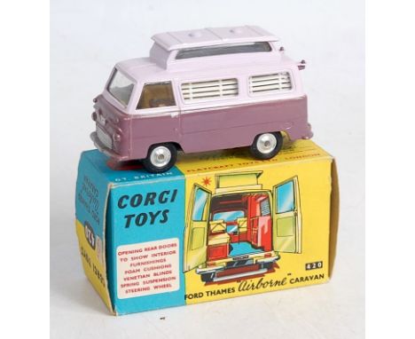 A Corgi Toys No.420 Ford Thames Airborne caravan, comprising purple and lilac body with lemon interior and spun hubs, in orig