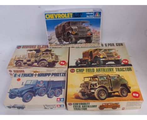 Five various boxed as issued Airfix, Tamiya and Italeri plastic military kits to include a Chevrolet 15cwt truck, an Airfix C