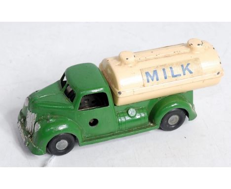 A Chad Valley No.233 milk tanker, comprising green body with cream back and milk stickers to tanker sides, loose example (G,V