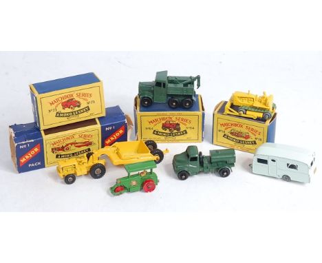 Matchbox Series Regular Wheels No.18 CAT Bulldozer, light yellow all over, green tracks (NM-BVG), plus No.1 Major Pack CAT Ea