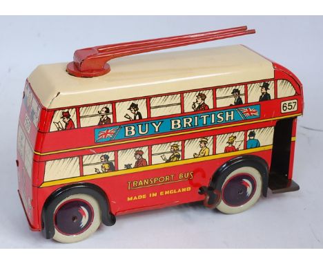 A Wells Brimtoy No.113 trolleybus, comprising cream and red body with detailed tin-printed passenger decoration, with single 
