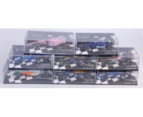 Eight various plastic cased Minichamps 1/43 scale F1 diecast models, mixed racing teams to include Force India, Tyrrell Ford,