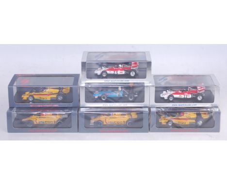 Seven various plastic cased Spark Models 1/43 scale mixed F1 racing models, racing teams to include BRM, ATS and Maclaren, Re