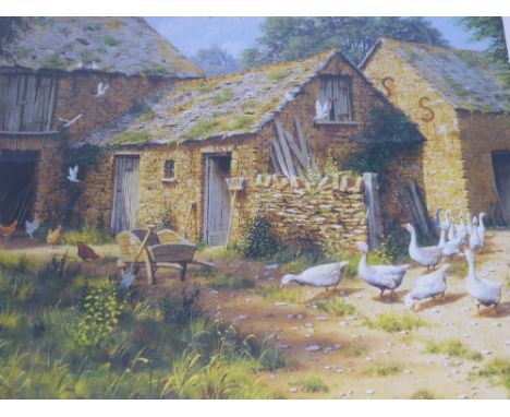 An E Hersey limited edition print " Melancholy Afternoon "  118 / 125, depicting a farmhouse scene with hens in the foregroun