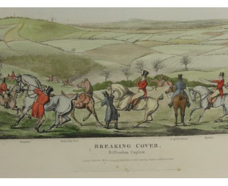 H. Alken, published by S & Fuller London 1824, Four Hand Coloured Hunting Prints, Plate 1 entitled The Meeting, Plate 2 Break