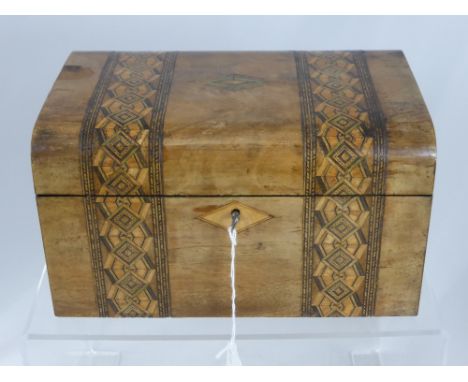 A vintage wooden sewing box, decorated with inlaid banding and central cartouche, containing some costume jewellery and vario