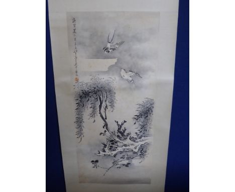 A Hand Painted Chinese Scroll Painting, depicting house martins in flight amongst blossom, with character and date marks, sup