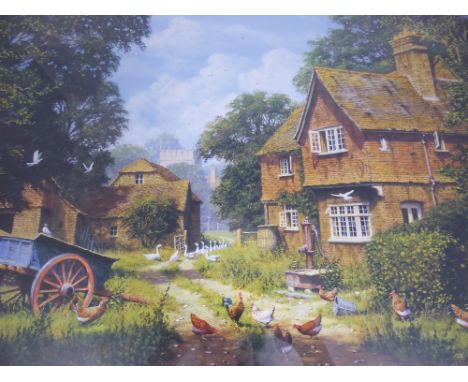 An E Hersey limited edition print depicting a farmyard scene with geese in the foreground, 54 / 125, framed and glazed, est. 