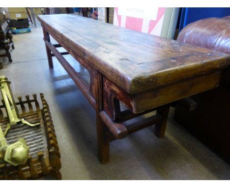 A Chinese Fruitwood Bench, with carry handles beneath. Est 199 x 45 x 57 cms